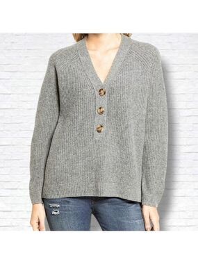 Madewell "Lyle" Grey Ribbed Henley Wool Blend Knit Boxy Fit Sweater Size S